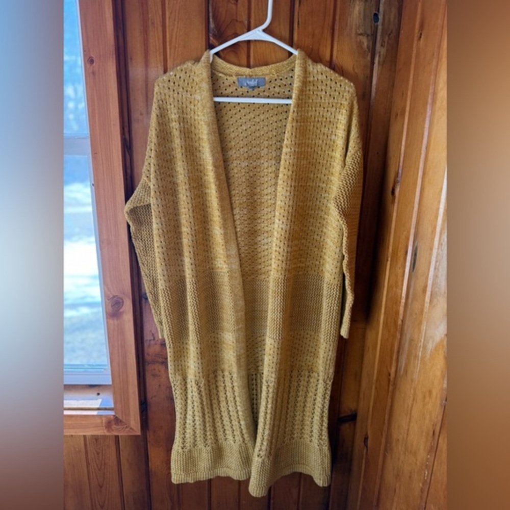 Marled Mustard Yellow Cable Knit Long Cardigan Size Medium‎
